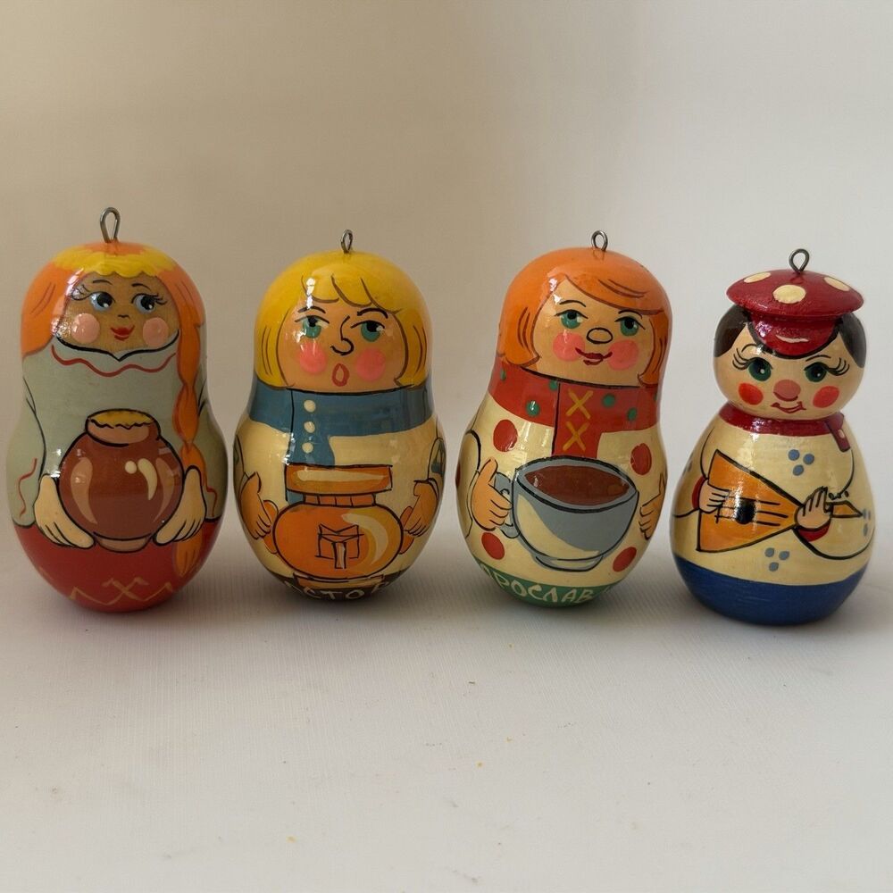 Vintage Russian Hand Painted Wood Doll Ornaments Yaroslavl Rostov Set of 4 2”